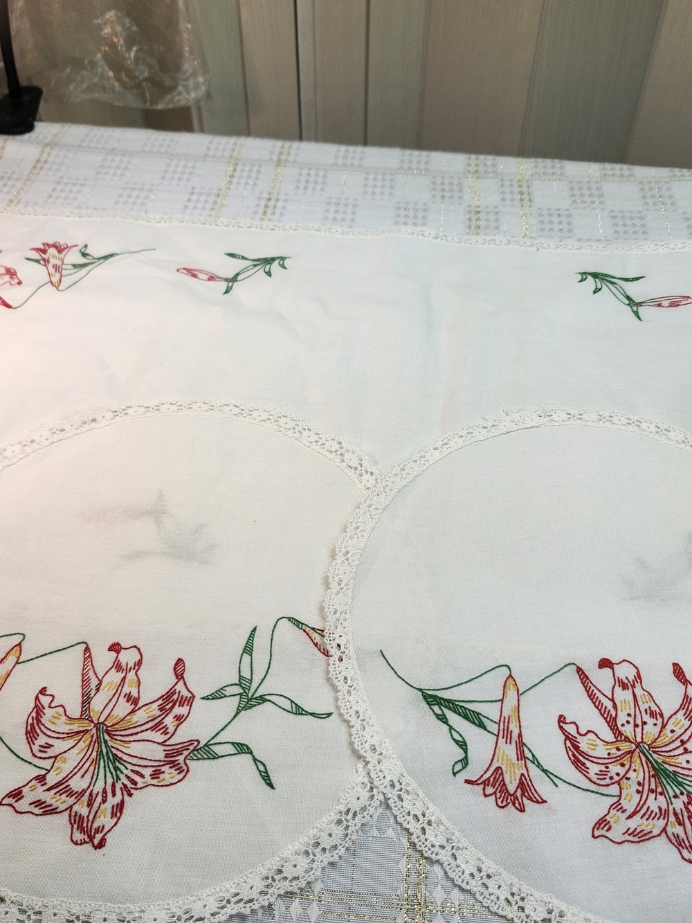 3 Hand-Embroidered White Linen Table Runner with Red Floral Motif